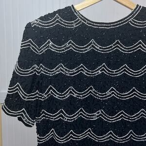 Vintage Black Evening Formal Beaded Scalloped Edge Glamour Party Blouse Elegant